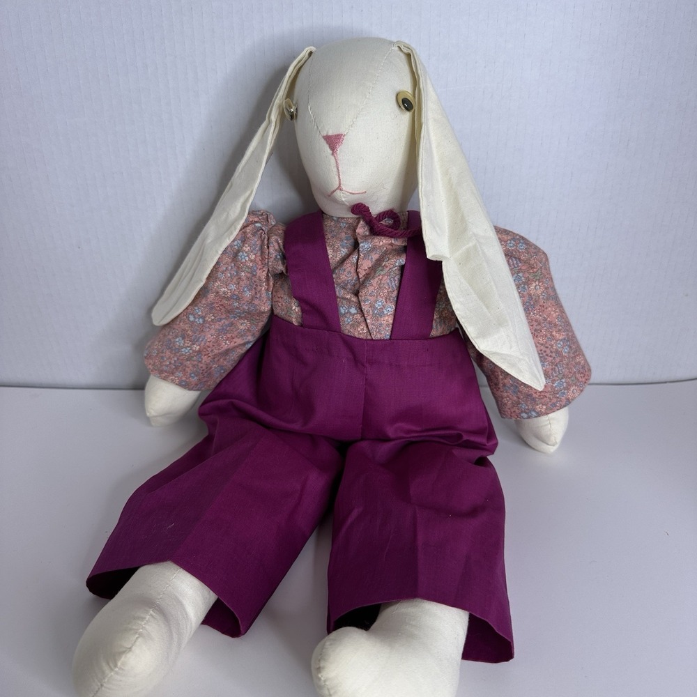 19" Vtg Handmade Bunny Rabbit Floppy Ear Rag Doll Red Shirt Overalls‎ Folk Art